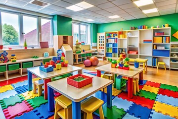 Vibrant classroom filled with interactive educational tools, colorful blocks, puzzles, and game boards, promoting