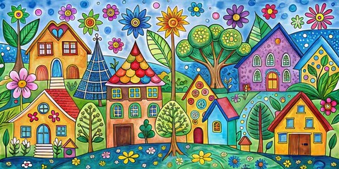 Vibrant colorful doodles of interconnected houses, trees, and flowers create a whimsical illustration representing