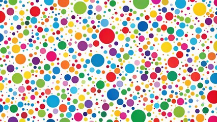 Vibrant colorful dots of varying sizes scatter across a white background, overlapping and blending to create a playful,