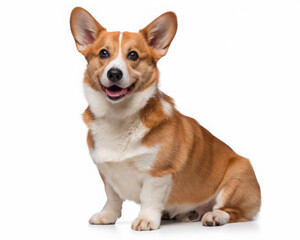 Adorable Corgi with a cheerful expression sitting against a white background.