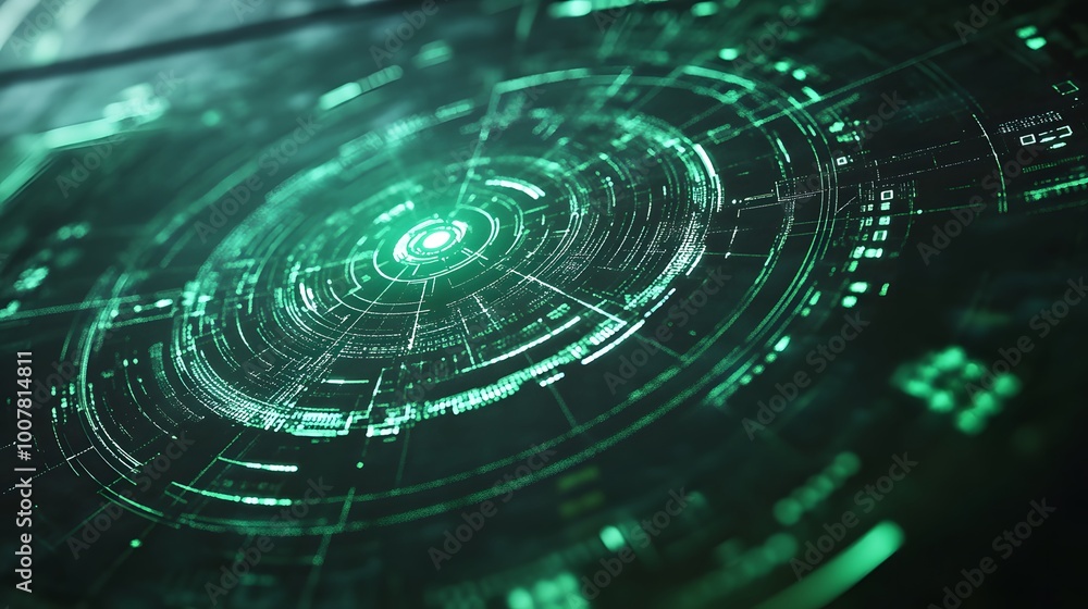 Poster a green circle with a green dot in the middle. the circle is surrounded by a lot of lines and dots