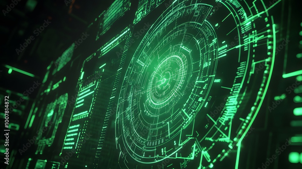 Poster a green circle with a green dot in the middle. the circle is surrounded by a lot of lines and dots
