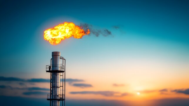 Methane Gas Flare Burning Brightly Against Dramatic Sunset Sky