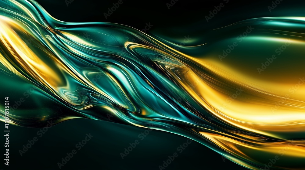 Poster flowing patterns of teal and gold create a dynamic abstract artwork on a dark background, emphasizin