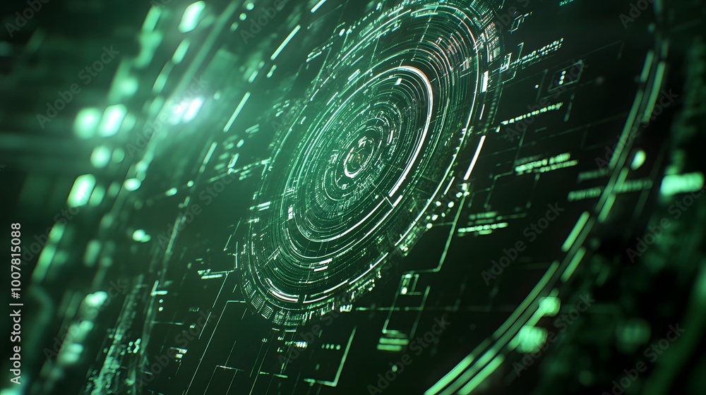 Poster a green circle with a green dot in the middle. the circle is surrounded by a lot of lines and dots