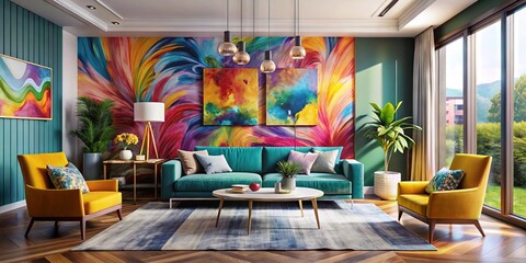 Vibrant colors and eclectic design elements come together in a modern interior space, featuring bold brushstrokes and