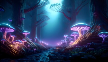 Parasitic relationship concept - Creepy forest where parasitic mushroom fungi grow on trees.