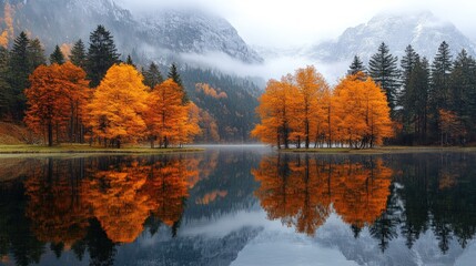 Autumnal Serenity: Golden Trees Reflected in Still Waters