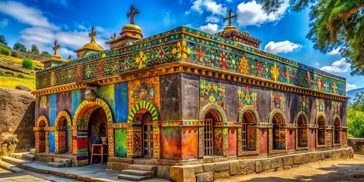 Vibrant colors adorn ancient stone walls of a traditional Ethiopian Orthodox church, where intricate carvings and