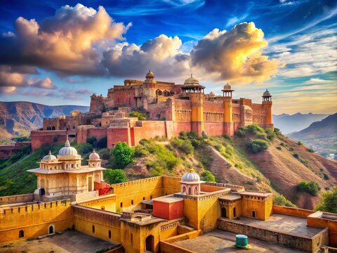 Vibrant colors and intricate architecture adorn a majestic fort in Rajasthan, India, set against a brilliant blue sky