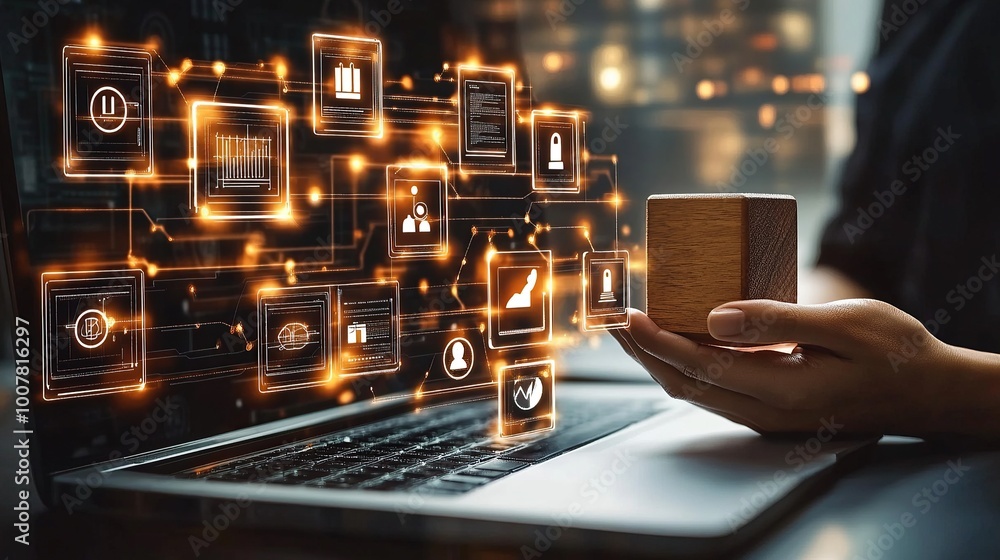Poster digital assets concept: hand interacting with wooden block and virtual interface