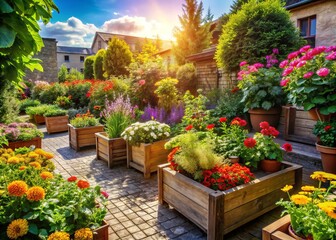Naklejka premium Vibrant flowers, lush greenery, and rustic wooden planters thrive in a sun-drenched communal garden, fostering a sense
