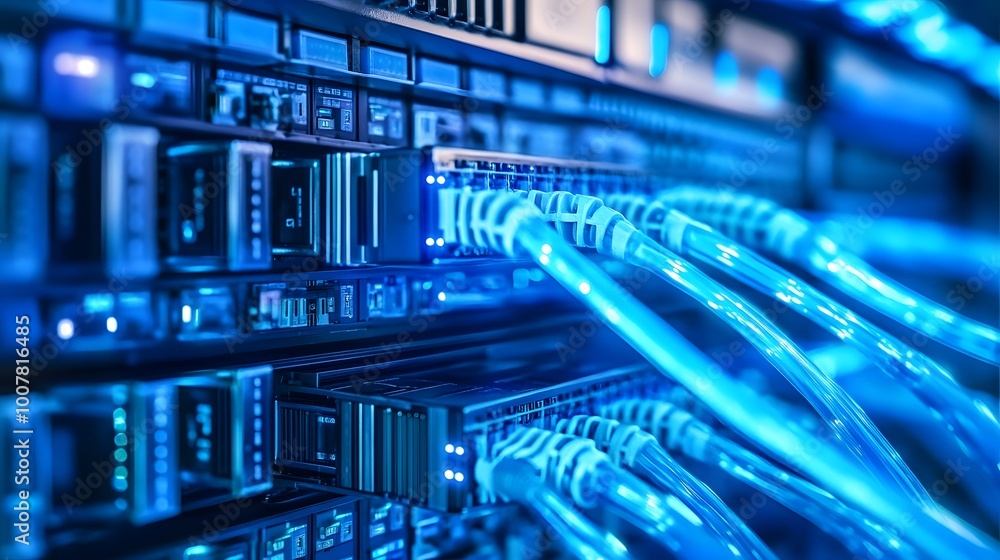 Poster a blue and white computer network with a blue cable running through it. the cables are connected to 