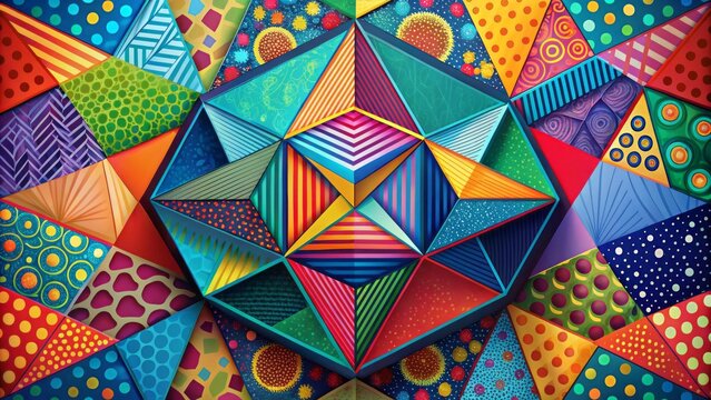 Vibrant geometric composition featuring a stylized five-sided shape in bold colors, surrounded by abstract patterns and