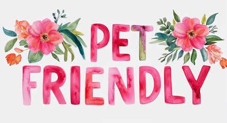 pet friendly word lettering with watercolor painting flowers on plain white background