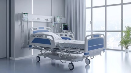 Patient hospital ward blur background, medical blurry interior white room ward with with bed nursing care or clinical healthcare recovery treatment space