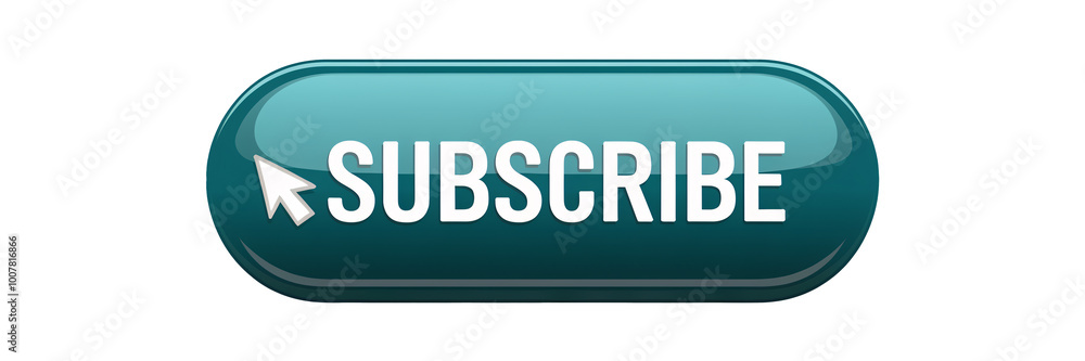Poster glossy teal subscribe button with a white cursor pointer on a light blue png transparent background.