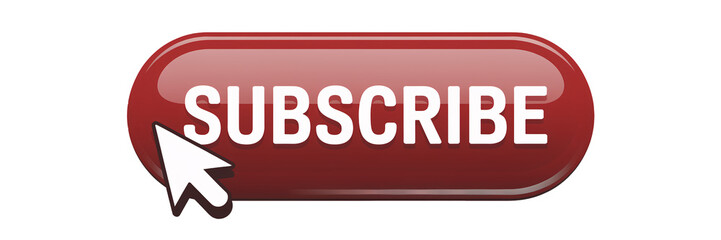 Glossy red subscribe button with a white cursor pointer on a neutral PNG transparent background. Simplistic and bold design, ideal for web subscriptions and user interaction prompts. Call-to-action el