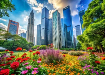 Vibrant greenery and colorful flowers bloom amidst modern skyscrapers and sleek architecture in this serene urban