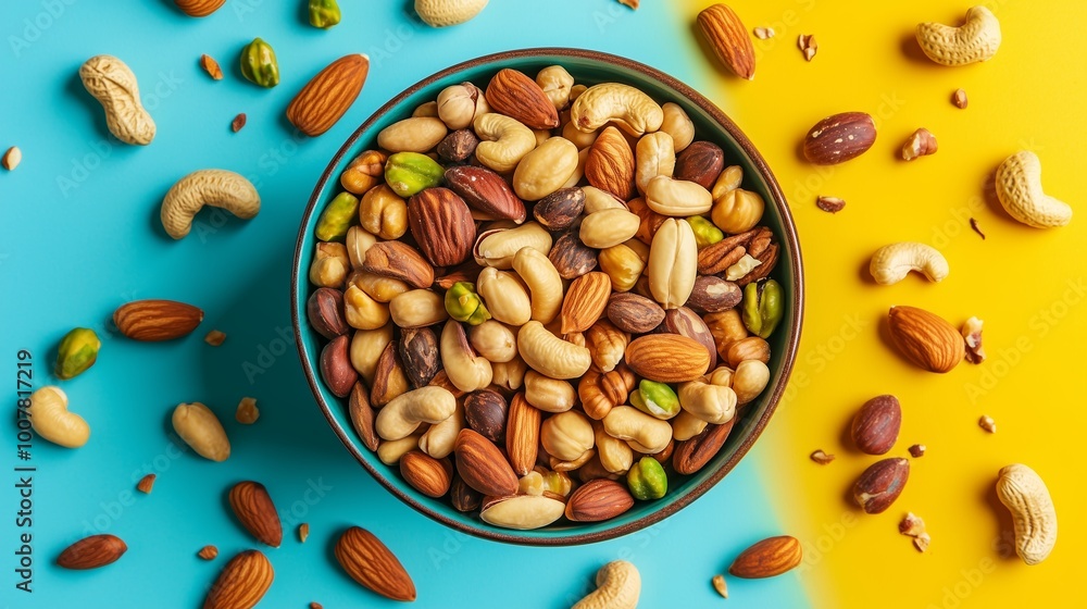 Poster mixed nuts in a colorful bowl arranged on a vibrant blue and yellow background, creating an appealin