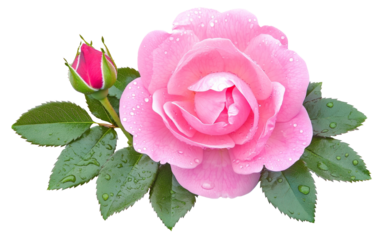 Bright pink rose flower with leaves and water drops isolated transparent png