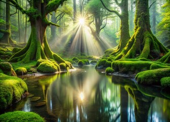 Vibrant green moss covers ancient tree trunks, surrounding a serene forest pool, as sunlight filters through misty
