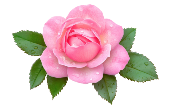 Bright pink rose flower with leaves and water drops isolated transparent png