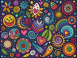 Vibrant, hand-drawn doodle icons in bright, bold colors, featuring abstract shapes, swirls, and patterns, adding a