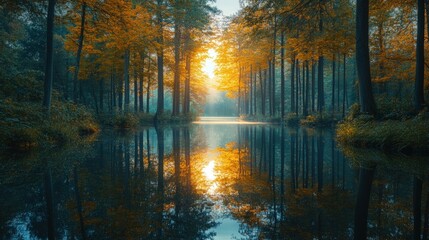 Fototapeta premium Autumnal Serenity: Golden Trees Reflected in Still Waters