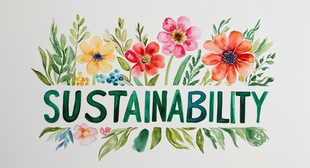 Sustainability word lettering with watercolor painting flowers on plain white background