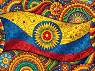 Vibrant illustration of Colombia's flag with colorful abstract shapes and patterns, blending traditional and modern
