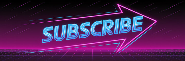 Neon retro-style subscribe arrow with vibrant pink, blue, and purple hues on a futuristic grid background. Energetic 80s-inspired design with fast-moving streaks creating a dynamic, nostalgic atmosphe