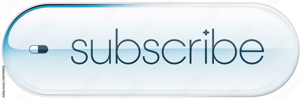 Poster glossy transparent subscribe button with a pill-shaped design and minimalist font, perfect for futur