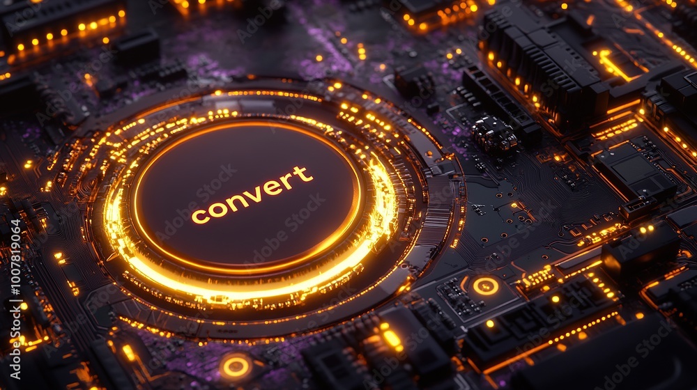 Poster Illuminated Processor Core with 'Convert' Text in Glowing Circuits