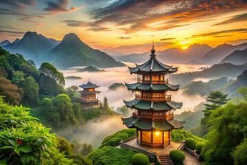 Obraz premium Vibrant morning scene of lantern-adorned traditional pagoda nestled among misty mountains, surrounded by lush greenery,