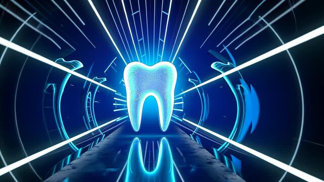 A glowing blue tooth in a futuristic tunnel