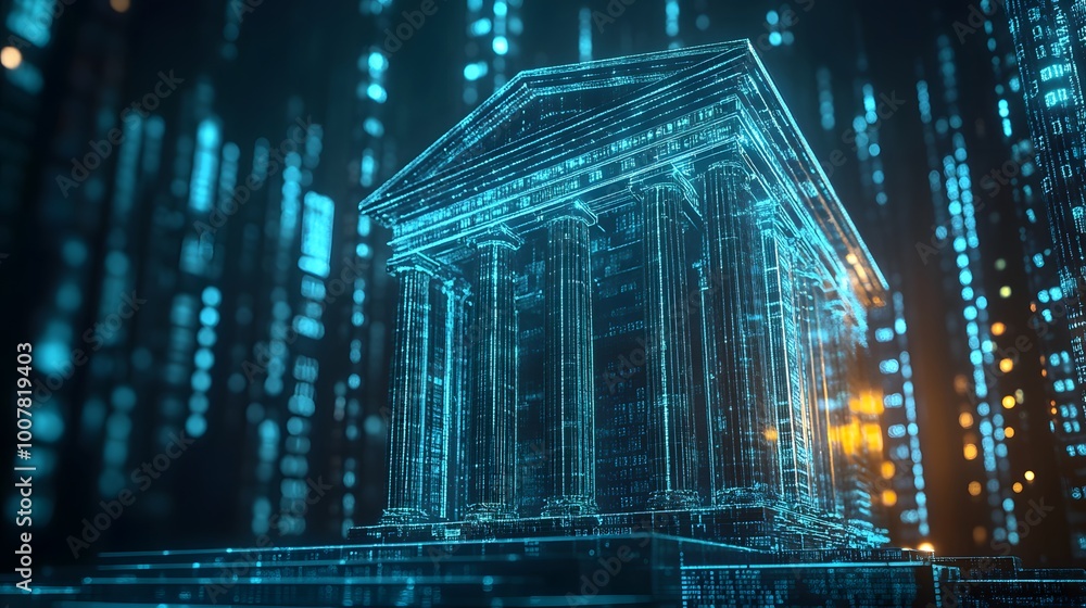 Poster a building made of computer chips is lit up in blue and orange. the building is a representation of 