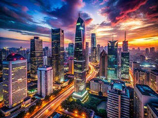 Fototapeta premium Vibrant neon lights illuminate a dark cityscape at dusk, casting a mesmerizing glow on sleek skyscrapers and busy