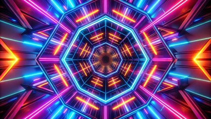 Vibrant neon lights swirl in mesmerizing geometric patterns, blending futuristic shapes and radiant colors, creating a