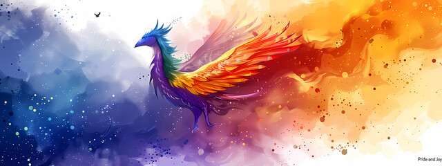 Obraz premium A vibrant phoenix with rainbow feathers rises from a colorful burst of flames, symbolizing rebirth and resilience in an abstract design.