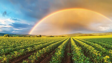 Vibrant Farm Under Rainbow, a tranquil rural scene showcasing lush fields of crops illuminated by a brilliant rainbow, capturing the essence of agricultural beauty after rain.