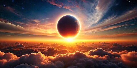 Fototapeta premium Vibrant orange and pink hues illuminate the sky as the moon slowly moves in front of the sun,