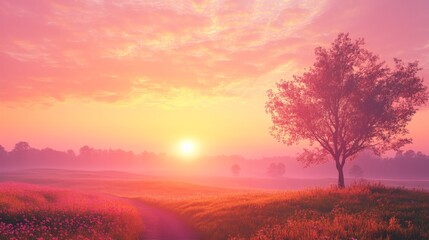 Serene Pink Sunrise, a breathtaking morning scene showcasing a gentle pink sky, enveloping the landscape in a warm glow, heralding the promise of a beautiful day.