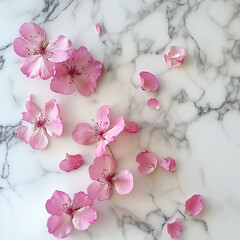 Pink flowers arranged on a marble surface with petals scattered around, soft diffused light creating a minimalist and elegant composition