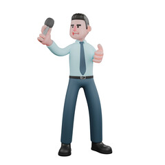 3D Economic Financial Analyst Male. A male financial analyst is standing while looking at the mic in his right hand while his left hand is bent forward. Professional Illustration