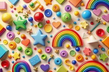 Obraz premium Vibrant rainbow-colored icons of various shapes and sizes scattered across a neutral background, creating a visually