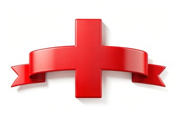 Obraz premium Vibrant red plus sign on a white background, surrounded by a curved banner with a subtle shadow, perfect