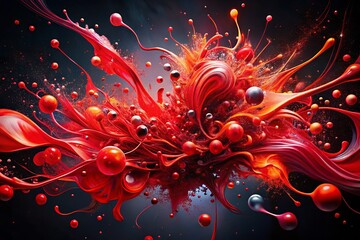 Vibrant red splatters and swirling patterns erupt from a dark black background, creating a dynamic and futuristic