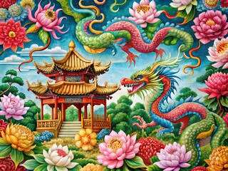 Obraz premium Vibrant silk artwork featuring majestic dragons, blooming peonies, and intricately designed pavilions, blending