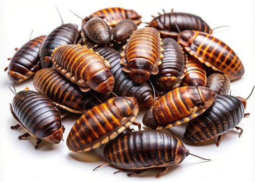 Vibrant, shiny dubia roaches, a popular reptile food source, crawl and scatter on a white background, showcasing their